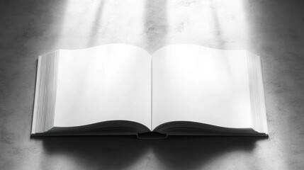 Open book with blank white pages illuminated by soft natural light on a textured surface, evoking feelings of possibility and creativity