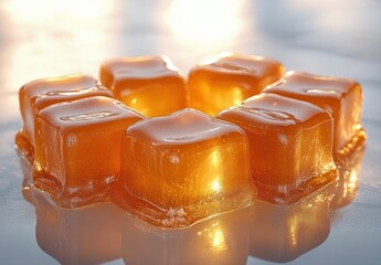 close-up of glossy amber-colored gelatin cubes arranged in a circle on a reflective surface with soft warm light