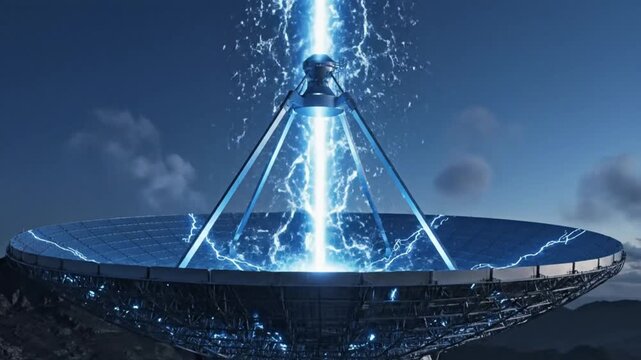A highly detailed sci-fi illustration of a futuristic satellite dish generating a massive blue lightning energy beam. The scene shows advanced technology transmitting power or data through high-voltag