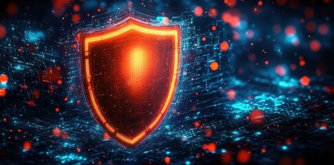 Glowing red and orange digital shield surrounded by a matrix of blue and red data points symbolizing cybersecurity protection and digital defense