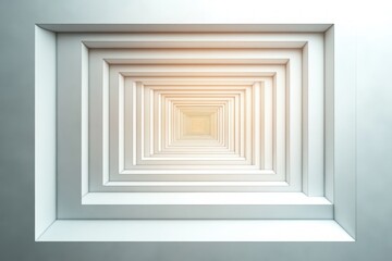 Symmetrical white concentric square frames creating an endless tunnel effect with soft lighting and subtle shadows conveying depth and minimalistic design