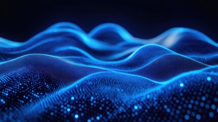 Obraz premium Undulating blue digital wave pattern created by glowing particles on a dark background, conveying a sense of motion and depth