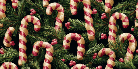 Lush Christmas vector pattern featuring classic candy canes and evergreen pine branches for wrapping paper and holiday fabrics.