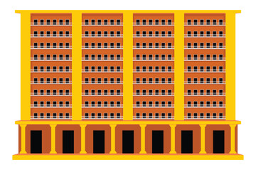Vector illustration of a tall apartment building with multiple balconies and columned ground floor facade.