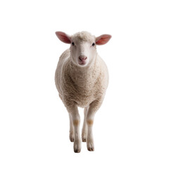 Fototapeta premium Young white lamb facing camera with soft wool and curious expression standing on transparency background, gentle pastoral mood and studio lighting