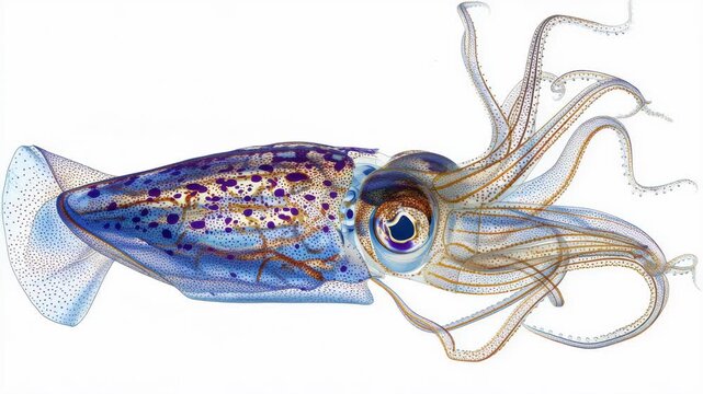 Colorful juvenile squid marine animal cephalopod with translucent body showing detailed internal organ mapping tentacle vascular system in intricate aquatic biology illustration
