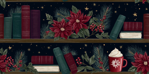 Christmas vector pattern featuring festive poinsettias, hot cocoa, and candy canes on a cozy holiday bookshelf for wrapping paper and textiles. © Eli Berr