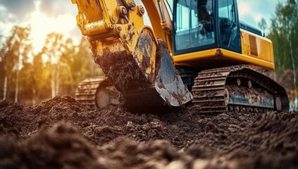 Fototapeta premium Close-up of a yellow excavator digging and lifting soil with blurred trees and sunlight in the background during construction work