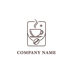 Elegant coffee cup logo design with steam and coffee bean inside a rectangle.