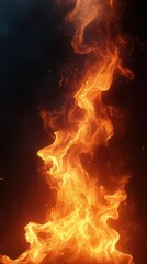 Fototapeta premium Vivid bright orange and yellow flames twisting and writhing upwards with glowing embers against a dark background evoking intense heat and dynamic energy