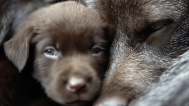 Tender close-up of a brown puppy nestled beside a protective gray wolf, sharing warmth. in soft dusk