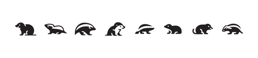 Collection of minimal black and white badger icons, showcasing different poses and views of the striped mammal