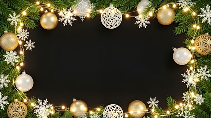 黒背景に金と白のオーナメントが輝くクリスマスフレーム素材