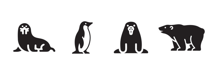 Obraz premium Collection of four arctic animal icons featuring a walrus, penguin, another walrus, and a polar bear