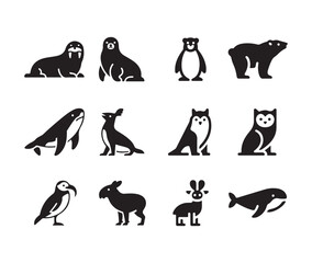 Collection of twelve distinct black and white icons representing various arctic and northern animals wildlife set