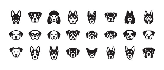 Fototapeta premium Dog breeds collection, cute cartoon character faces, simple pet head icons set, graphic animal vector illustration