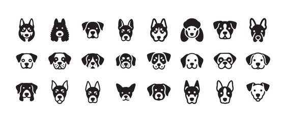 Fototapeta premium Dog breeds collection, cute cartoon character faces, simple pet head icons set, graphic animal vector illustration