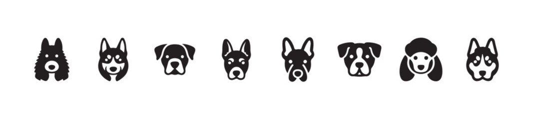 Dog breeds collection, cute cartoon character faces, simple pet head icons set, graphic animal vector illustration