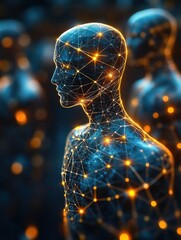 Futuristic human figure composed of glowing interconnected lines and nodes with bright orange lights against a dark blurred background