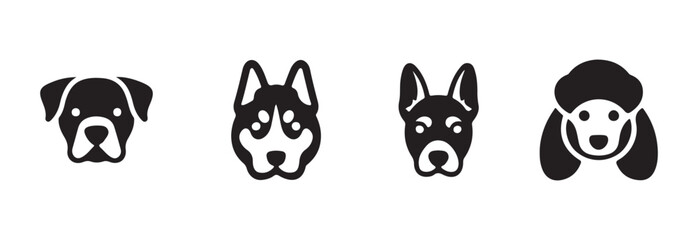 Fototapeta premium Collection of four distinct black and white dog breed vector icons on a clean white background