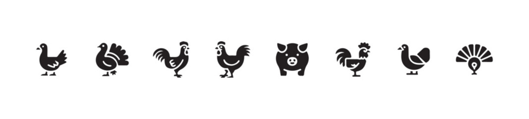 Collection of black and white vector icons representing various poultry and a pig in flat design