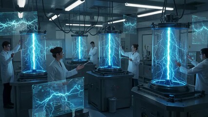 Futuristic laboratory scene with scientists conducting electric energy experiments using advanced digital interfaces and high-tech instruments, showcasing cutting-edge scientific research.