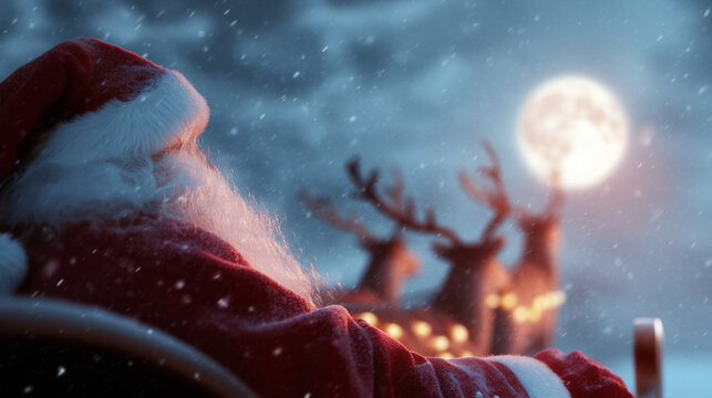 Santa Claus in his sleigh flying through a snowy night with reindeer and full moon