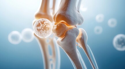 Detailed close-up of human knee joint anatomy with glowing cartilage and surrounding cells, highlighting bone structure and joint movement