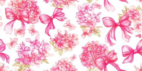 Romantic seamless pattern of watercolor pink ribbon bows and lush hydrangea flower clusters for feminine fabrics and wedding stationery.