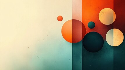 Abstract geometric composition with overlapping circles and vertical rectangles in warm orange and cool teal tones on a textured background evoking balance and depth