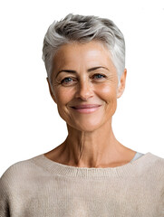 Smiling elderly woman with short gray hair on transparent background