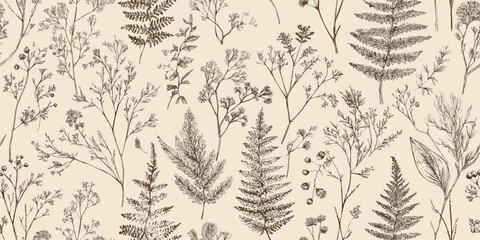 Vintage monochrome seamless pattern of delicate hand-drawn fern leaves and dried meadow plants for fabrics, stationery, and home decor. © Eli Berr