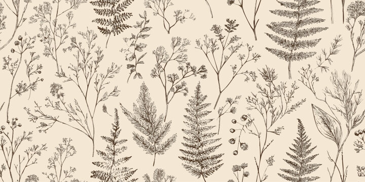 Vintage monochrome seamless pattern of delicate hand-drawn fern leaves and dried meadow plants for fabrics, stationery, and home decor.