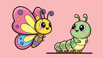 Adorable cartoon butterfly and caterpillar characters with vibrant colors and friendly expressions.