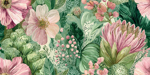 Lush tropical floral seamless pattern in pink and sage green featuring protea and jungle foliage for luxury fashion and home decor.