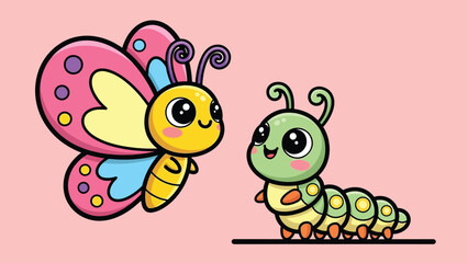 Adorable cartoon butterfly and green caterpillar characters with big eyes.