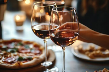 Naklejka premium Two glasses of red wine on a table with a pizza and plates of food in a warm, cozy dining setting