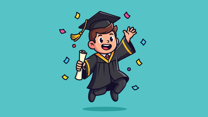 Cheerful cartoon graduate student jumping with diploma and confetti.