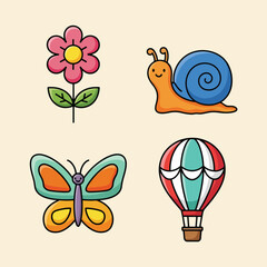 Colorful cartoon flower snail butterfly hot air balloon illustrations.