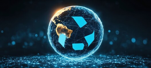 Digital representation of Earth with illuminated continents and interconnected network lines surrounding a glowing globe with recycling symbol overlays