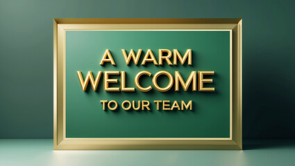A greeting card with a green gradient background and a golden border. Place the 3d message 'A warm welcome to our team' in golden font