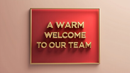 A greeting card with a red gradient background and a golden border. Place the 3d message 'A warm welcome to our team' in golden font