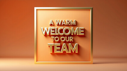 A greeting card with a orange gradient background and a golden border. Place the 3d message 'A warm welcome to our team' in golden font
