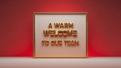 A greeting card with a red gradient background and a golden border. Place the 3d message 'A warm welcome to our team' in golden font