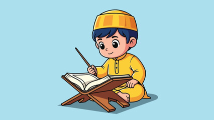Cute cartoon Muslim boy reading holy book on wooden rehal. © NFS Studio