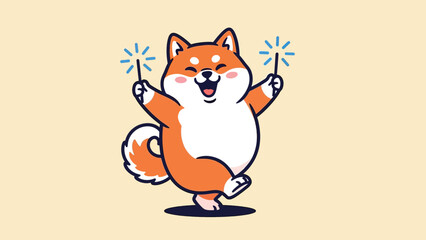 Cute Cartoon Shiba Inu Dog Celebrating with Sparklers.