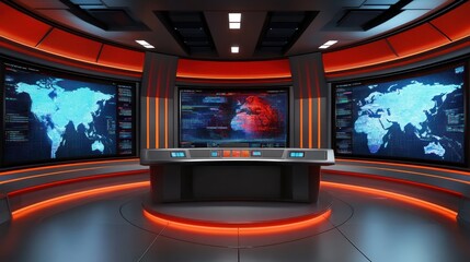 Futuristic control room with three large digital world maps displaying data and analytics on curved screens illuminated by red ambient lighting