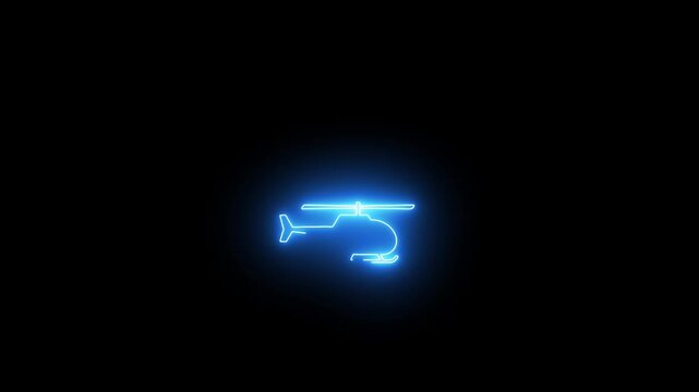 Blue neon line art animation of a helicopter on black background. Glowing technological outline of a chopper aircraft for transportation, military, or aviation motion graphics.