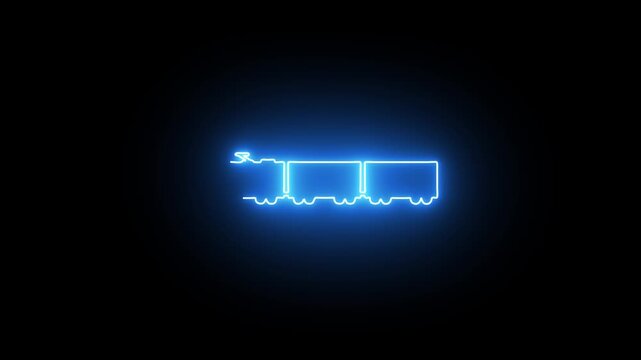 Blue neon line art animation of a train on black background. Glowing technological outline of a railway locomotive and wagons for transportation, travel, and logistics concept.