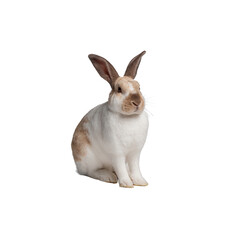 White and tan rabbit with upright ears sitting calmly on transparency background showing soft fur and attentive expression